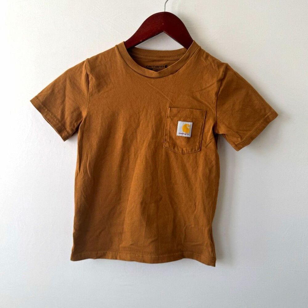 Carhartt Boys Size 7 Brown Pocket Logo T Shirt 100% Cotton Crew Neck TK6513-B